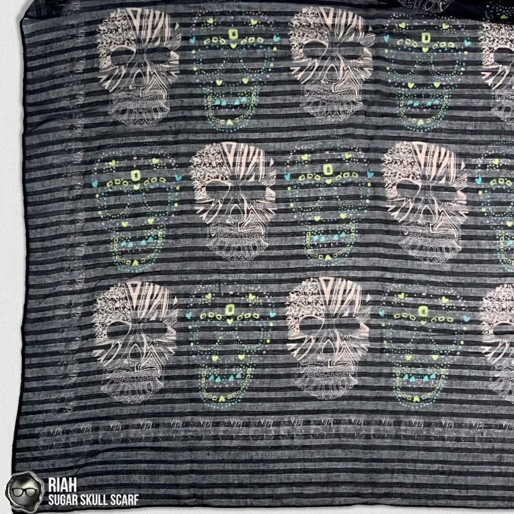 LIGHTWEIGHT GAUZY SUGAR SKULL PRINT SCARF WRAP SHAWL IN BLACK HALLOWEEN MUERTOS